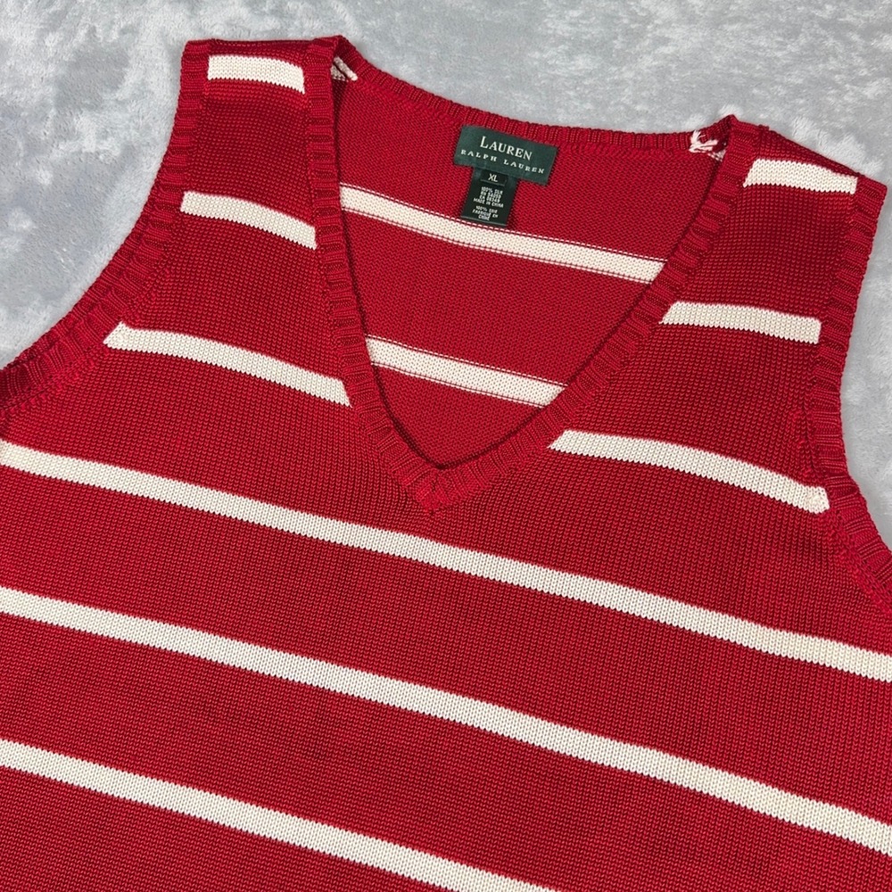 Lauren Ralph Lauren Sweater Vest Women XL Red White Striped 100% Silk V-Neck
